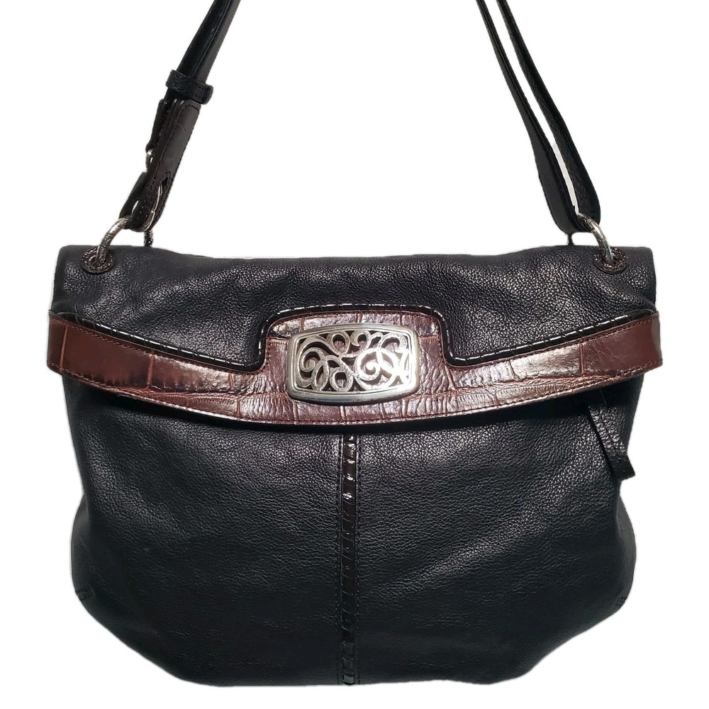 VTG Brighton Black Leather Brown Croc Embossed Flap Crossbody Shoulder Bag Purse